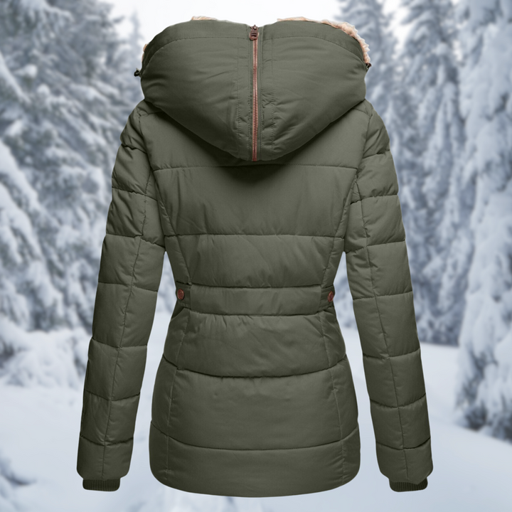 Bianca quilted puffer jacket in olive green, back view with hood up