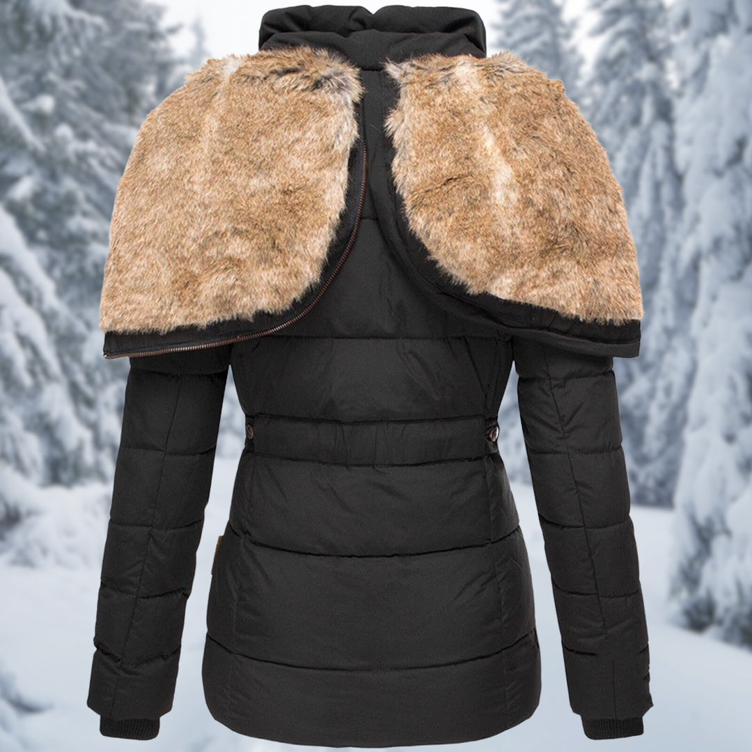 Bianca faux fur hooded quilted puffer jacket in black, back view with hood open showing fur trim