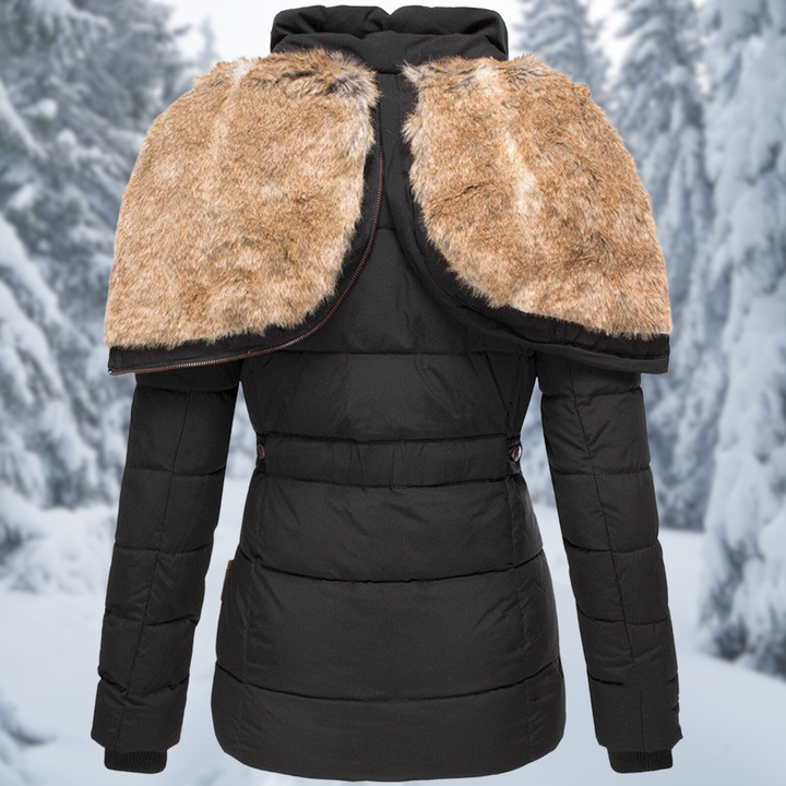 Bianca faux fur hooded quilted puffer jacket in black, back view with hood open showing fur trim