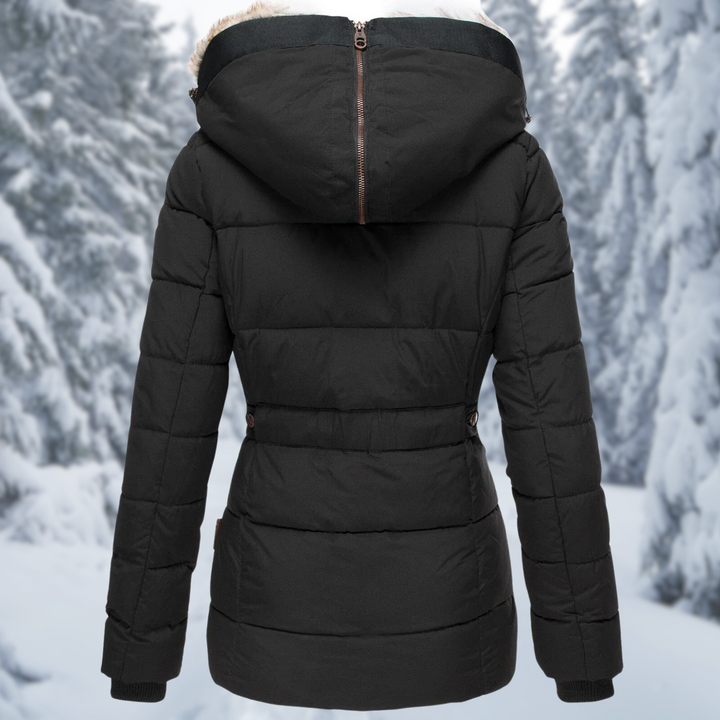 Bianca quilted puffer jacket in black, back view zipped up