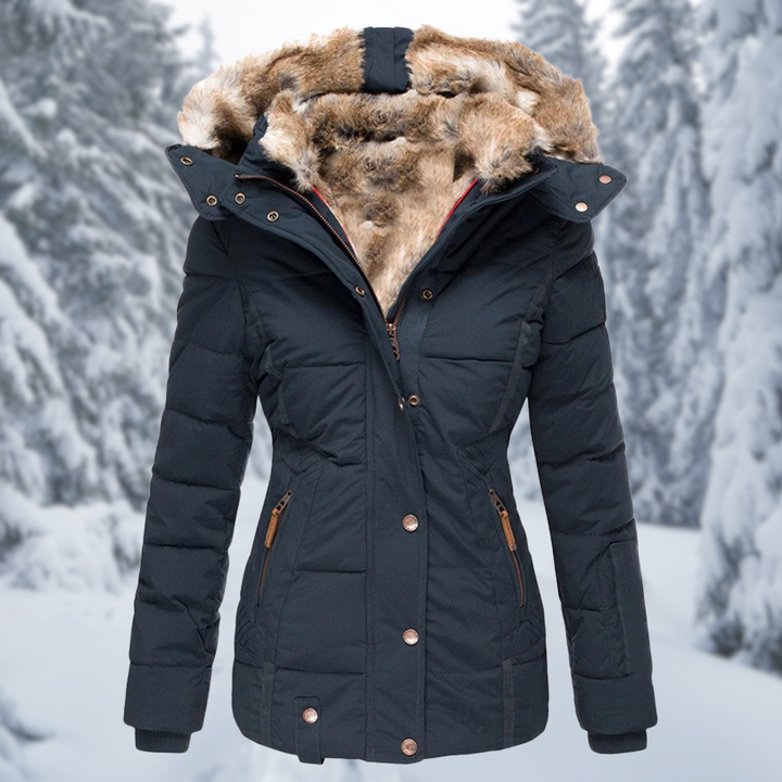 Bianca faux fur hooded quilted puffer jacket in black, front view unzipped showing fur lining