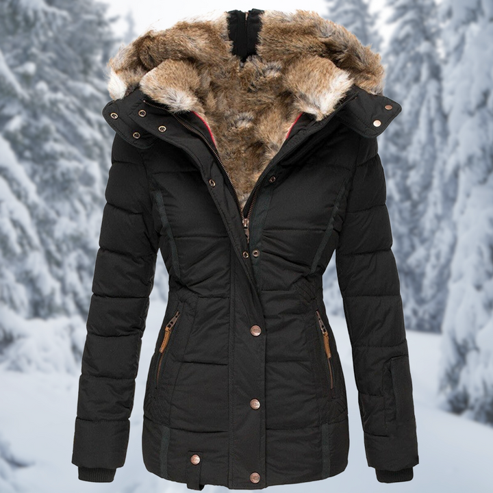 Bianca faux fur hooded quilted puffer jacket in black, front view fully zipped
