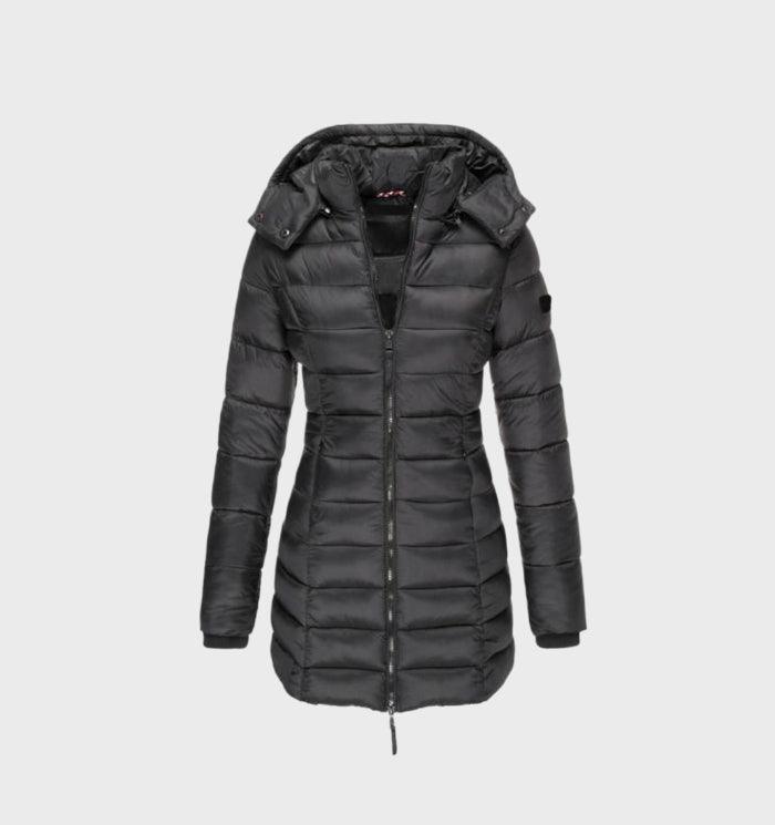Bianca hooded longline puffer coat in black, front view