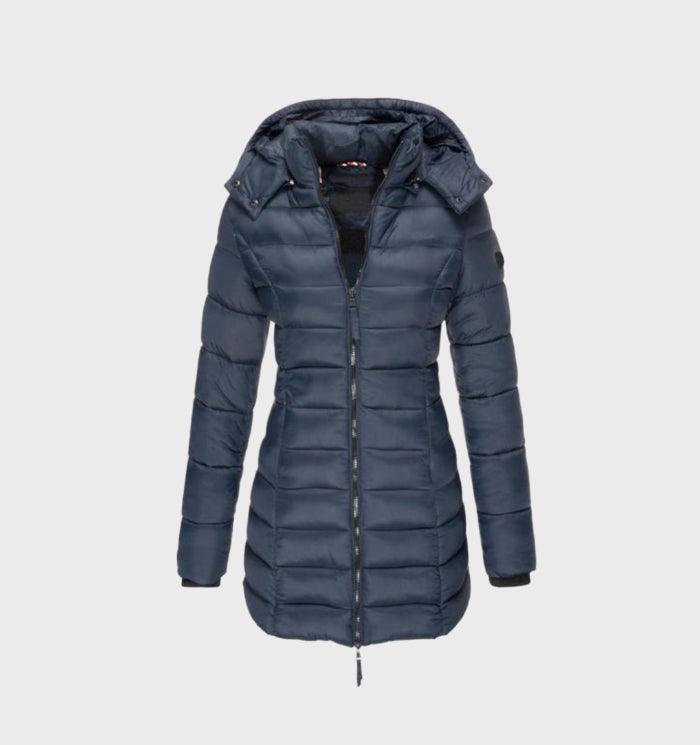 Bianca hooded longline puffer coat in navy blue, front view