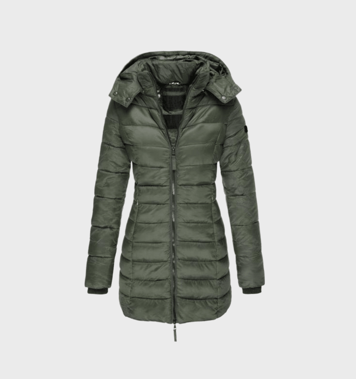 Bianca hooded longline puffer coat in olive green, front view