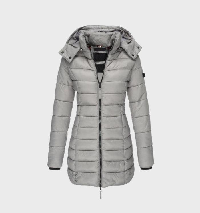 Bianca hooded longline puffer coat in light gray, front view