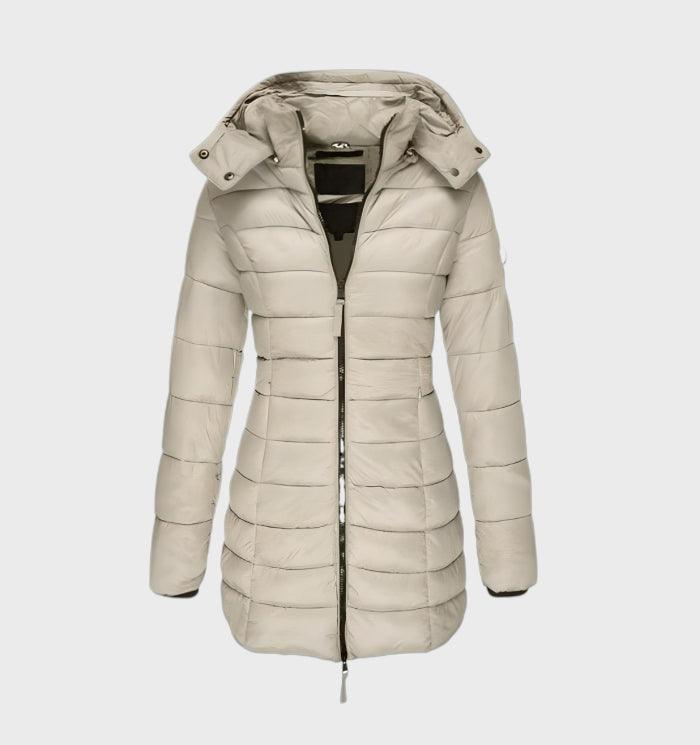 Bianca hooded longline puffer coat in beige, front view