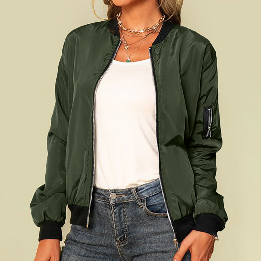 Bretta green zip-up bomber jacket with ribbed collar and cuffs, front view