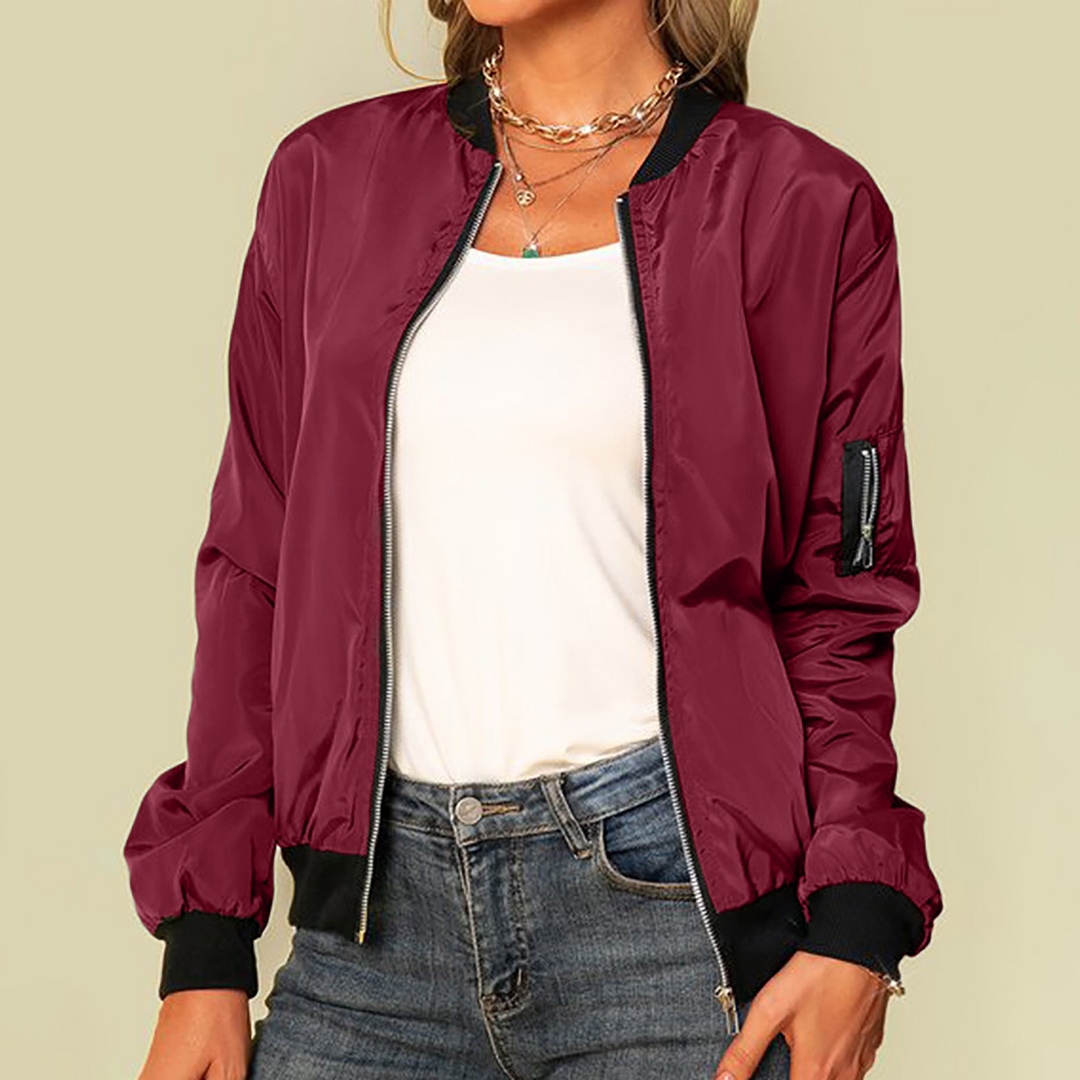 Bretta burgundy zip-up bomber jacket with ribbed trim, front view
