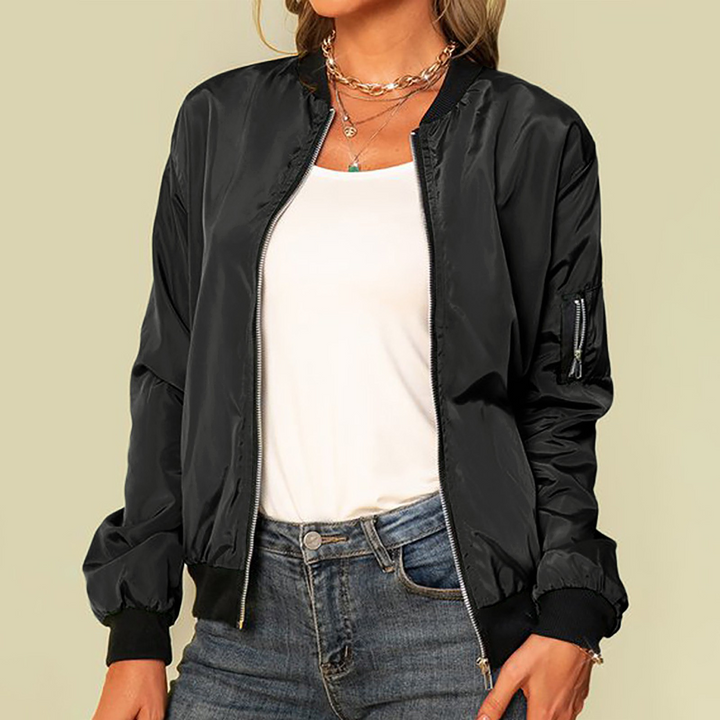 Bretta black zip-up bomber jacket with ribbed hem, front view
