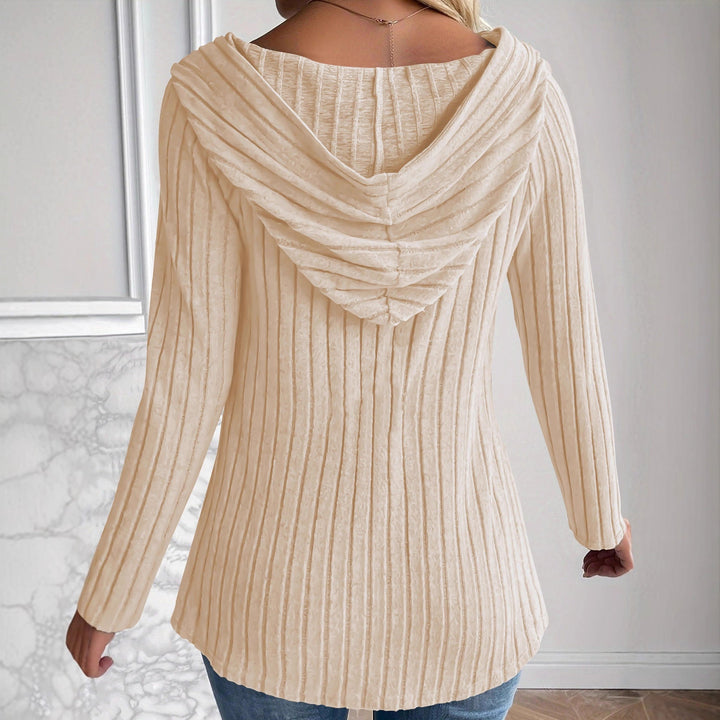 Bridget ribbed hooded long cardigan, back view in beige