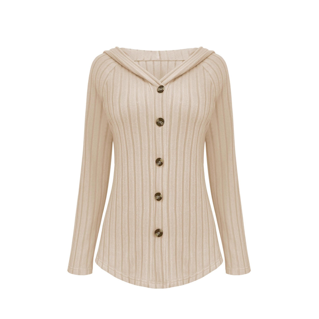 Bridget ribbed hooded long cardigan, back view in beige