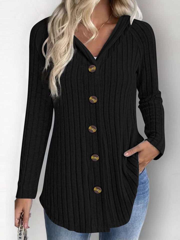 Bridget ribbed hooded long cardigan, back view in beige