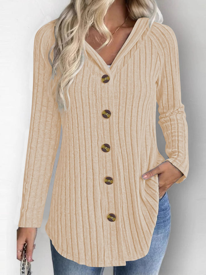 Bridget ribbed hooded long cardigan, back view in beige