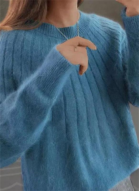 Bridget ribbed crew neck fall sweater in blue, front detail view
