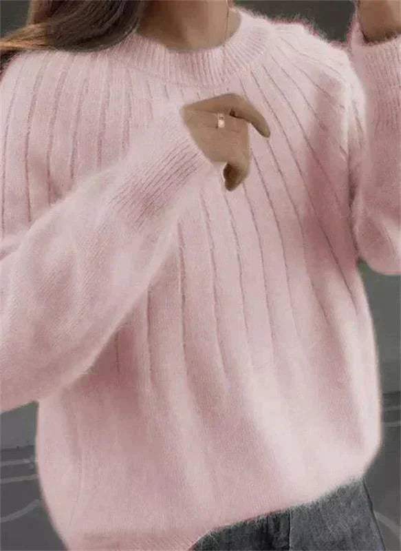 Bridget ribbed crew neck fall sweater in light pink, front detail view