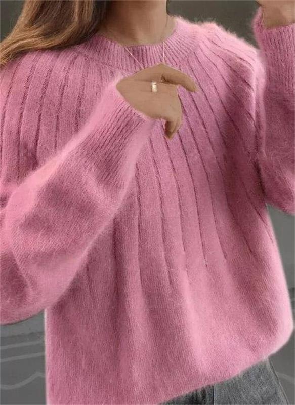 Bridget ribbed crew neck fall sweater in pink, front detail view