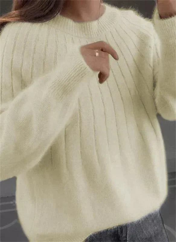 Bridget ribbed crew neck fall sweater in light yellow, front detail view