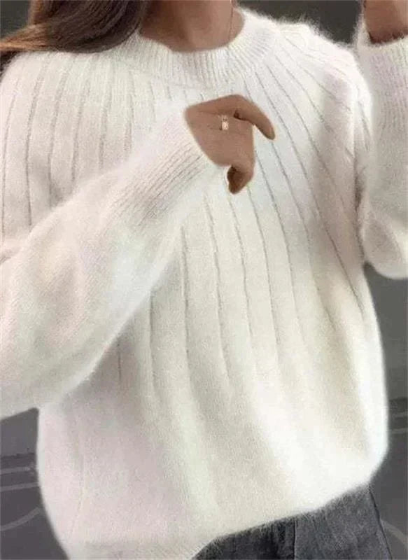 Bridget ribbed crew neck fall sweater in white, front detail view