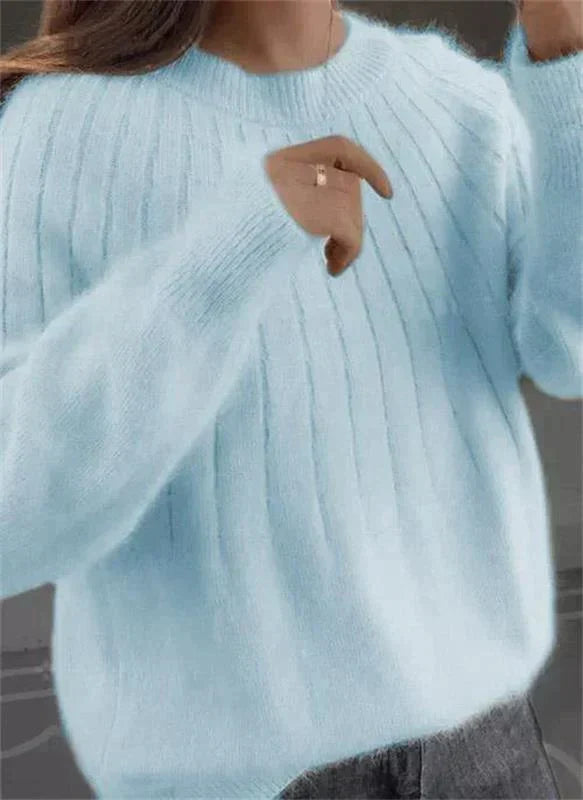 Bridget ribbed crew neck fall sweater in light blue, front detail view