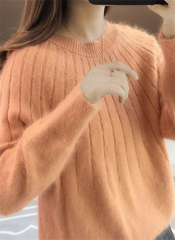 Bridget ribbed crew neck fall sweater in orange, front detail view