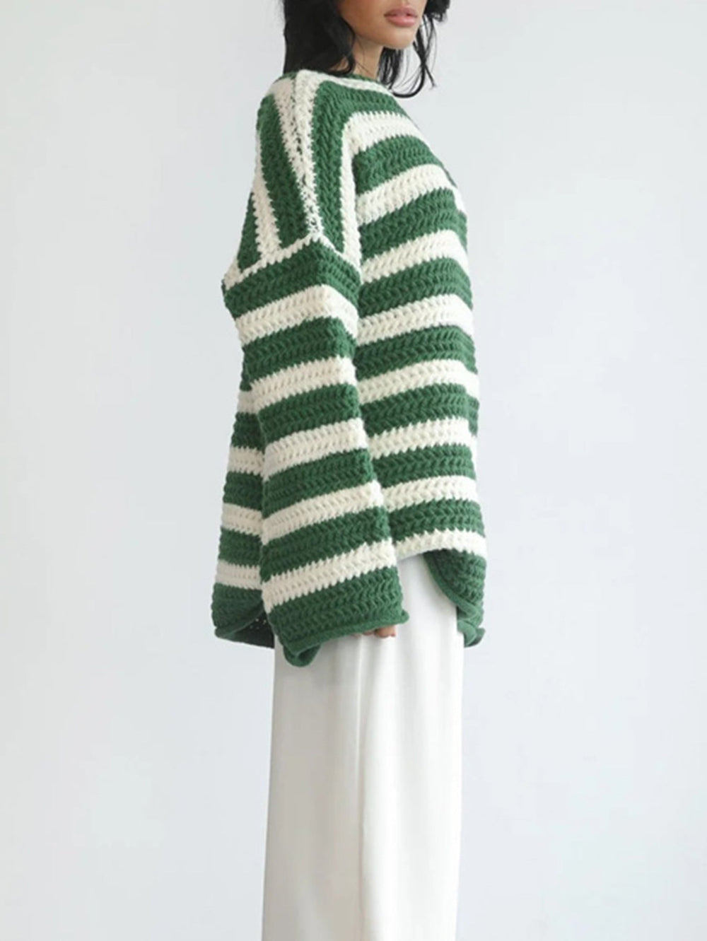 Bridget striped chunky knit oversized sweater, side profile full length
