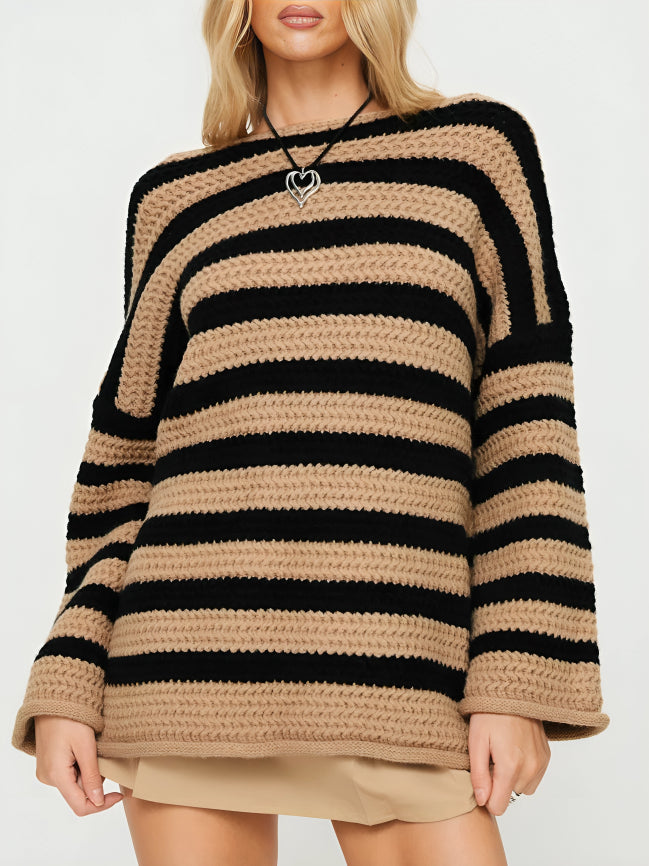 Striped chunky knit oversized sweater in tan and black, front view