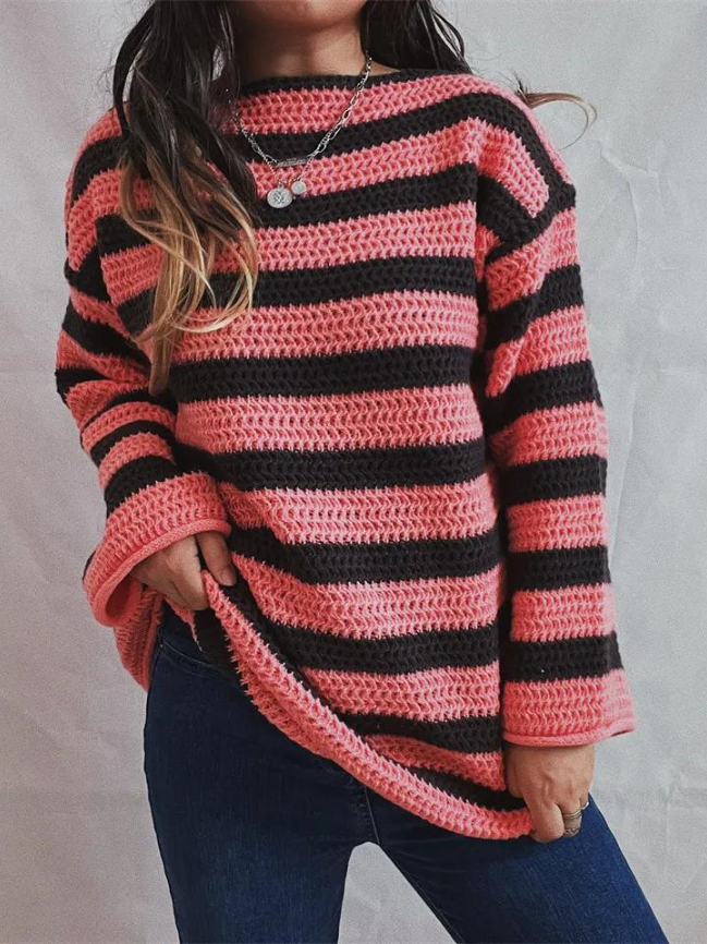 Striped chunky knit oversized sweater in pink and black, front view