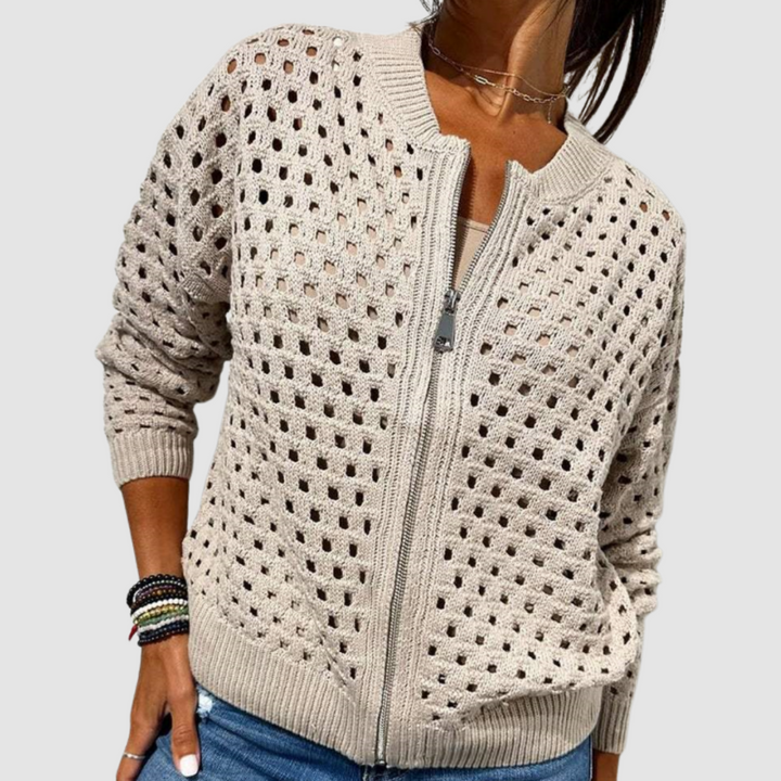 Callista open knit zip-up cardigan in beige, close-up front view