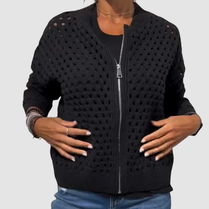 Callista open knit zip-up cardigan in black, front view