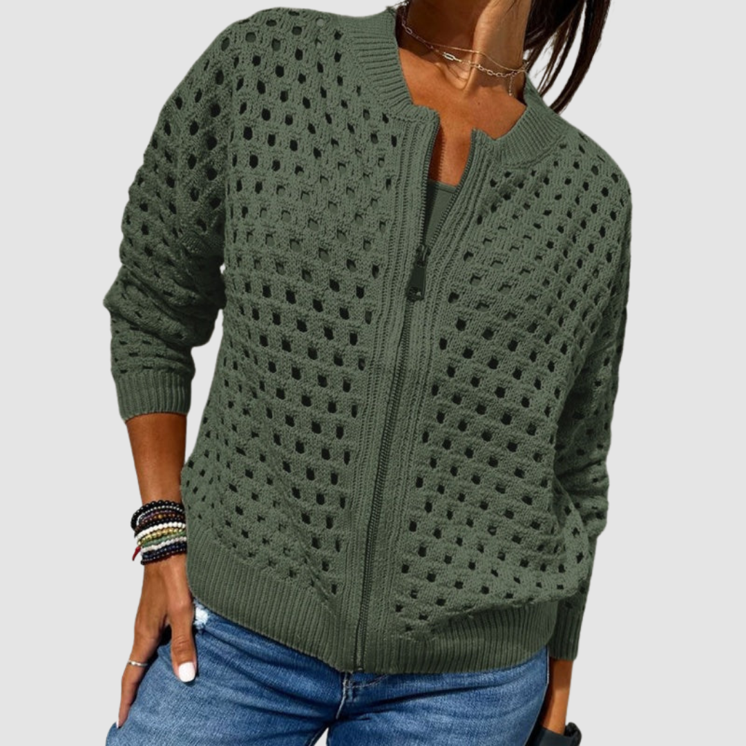 Callista open knit zip-up cardigan in green, front view