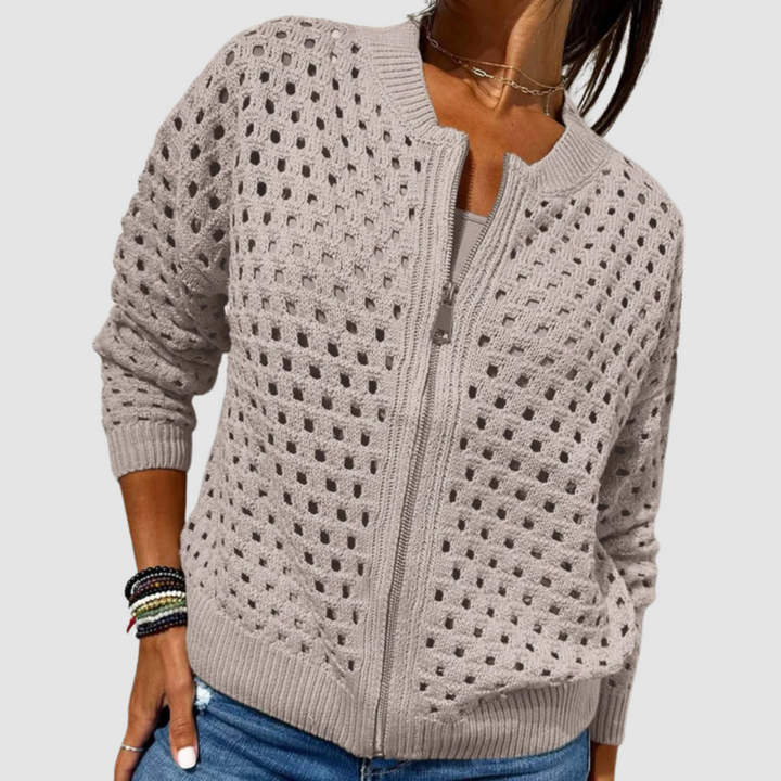 Callista open knit zip-up cardigan in taupe, close-up front view