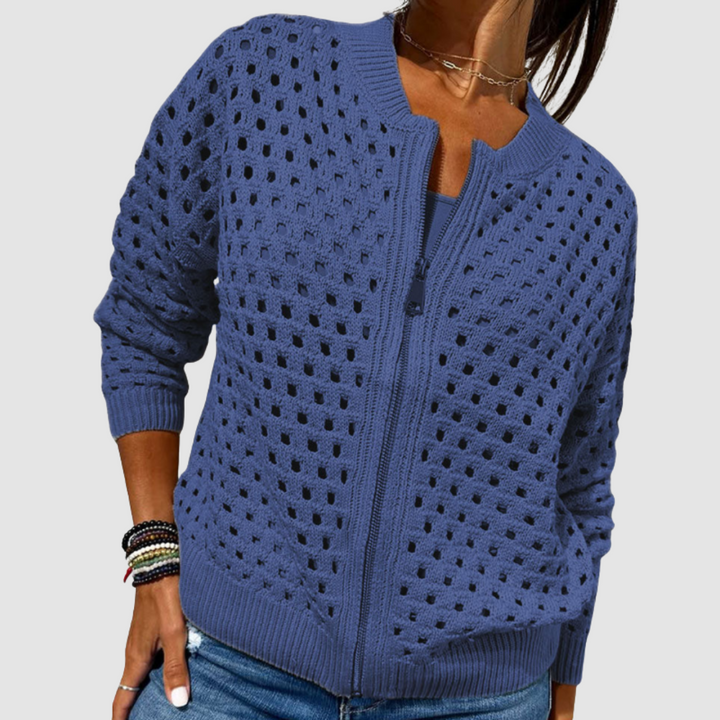 Callista open knit zip-up cardigan in blue, front view