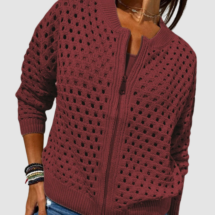 Callista open knit zip-up cardigan in burgundy, close-up front view