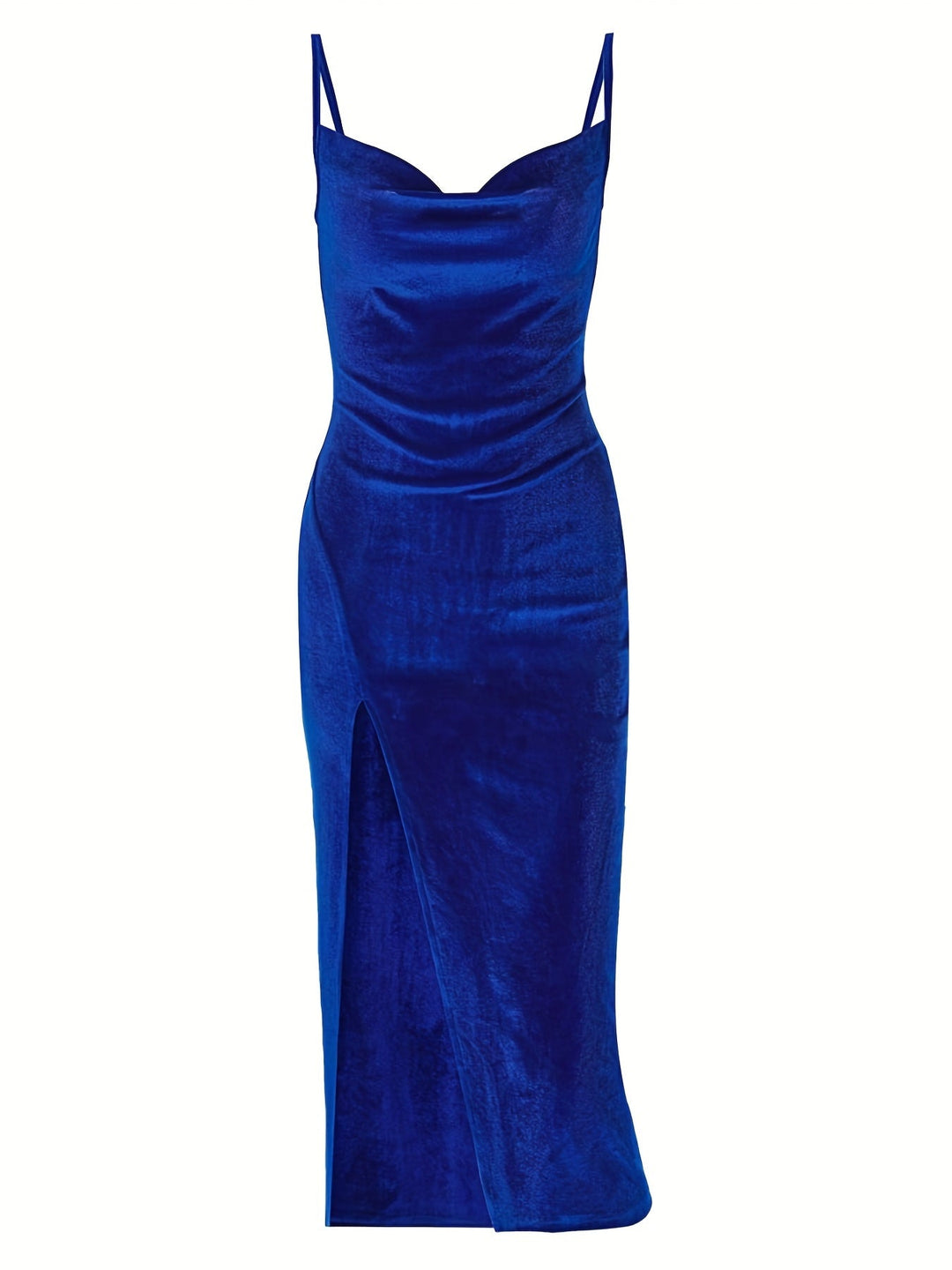 Camille cowl neck satin maxi dress with side slit, royal blue full front view