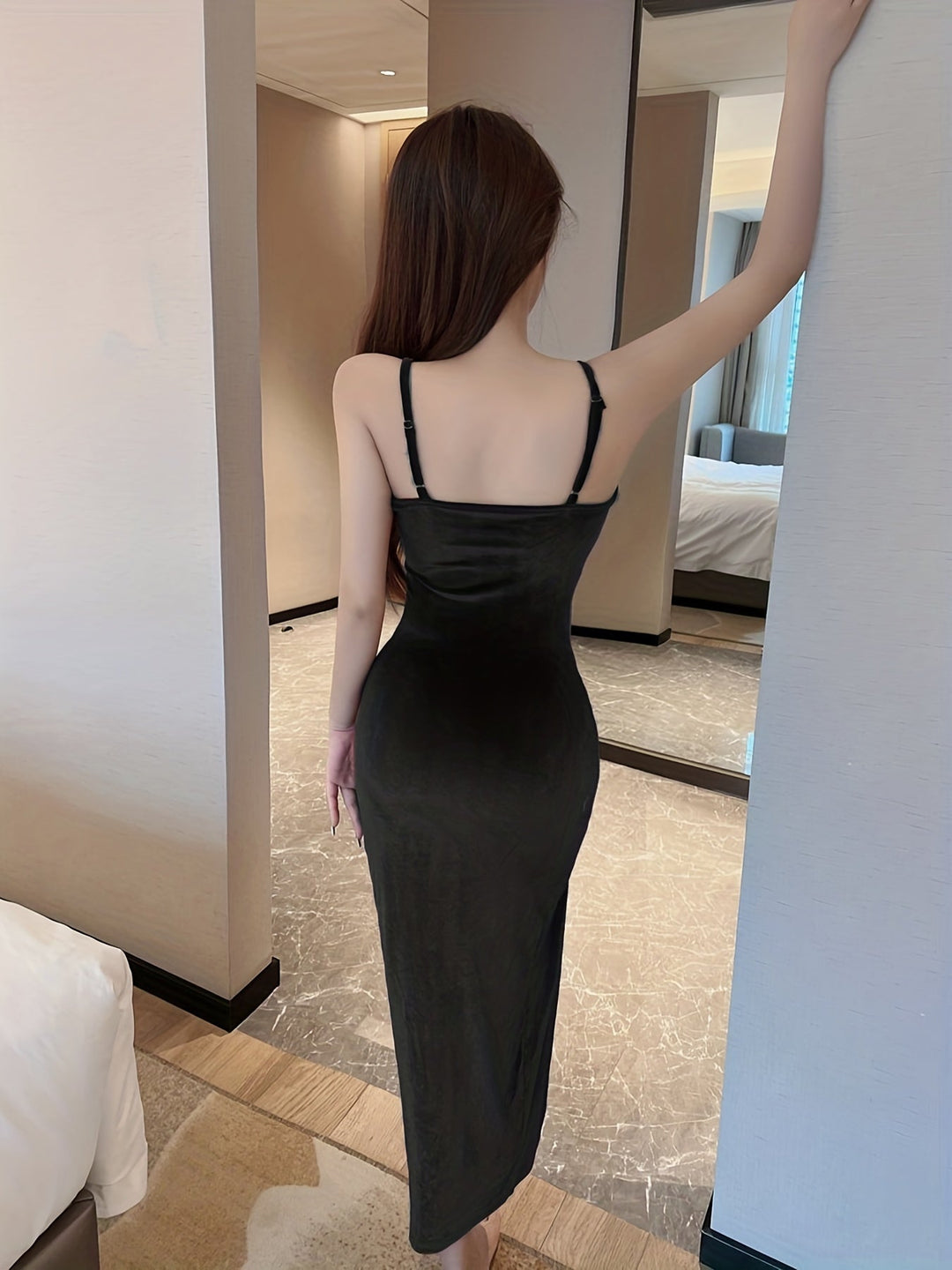 Camille cowl neck satin maxi dress, black back view