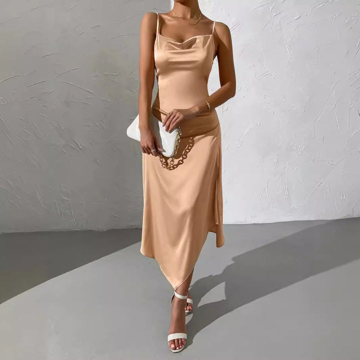Camille satin slip dress styled with clutch and heels, full front view