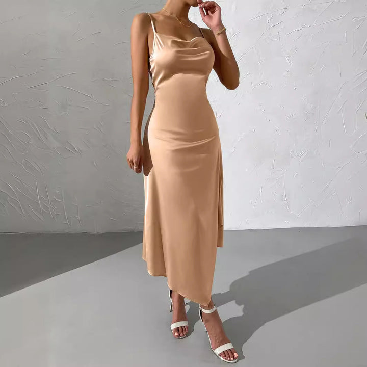Camille satin slip dress side view showing high slit detail