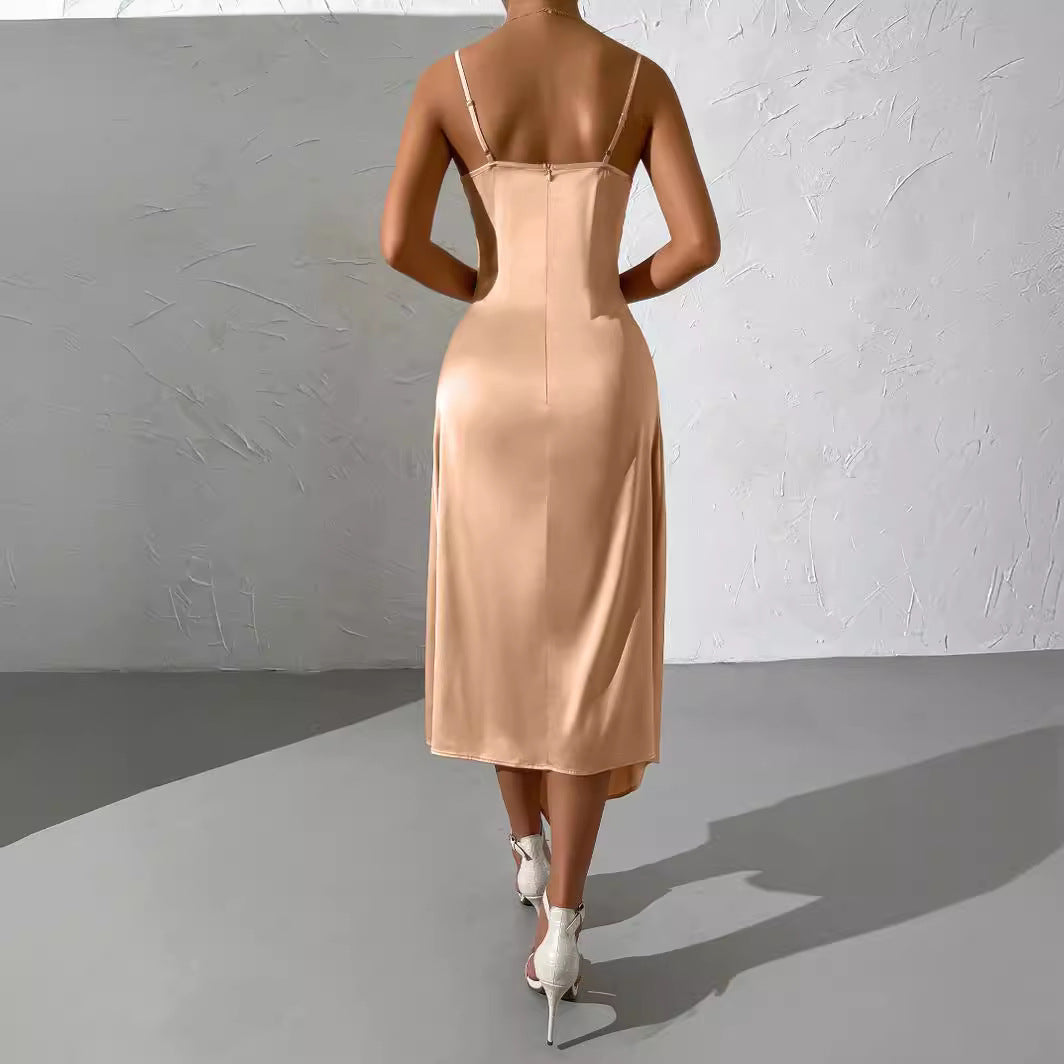 Camille satin slip dress back view showing sleek silhouette