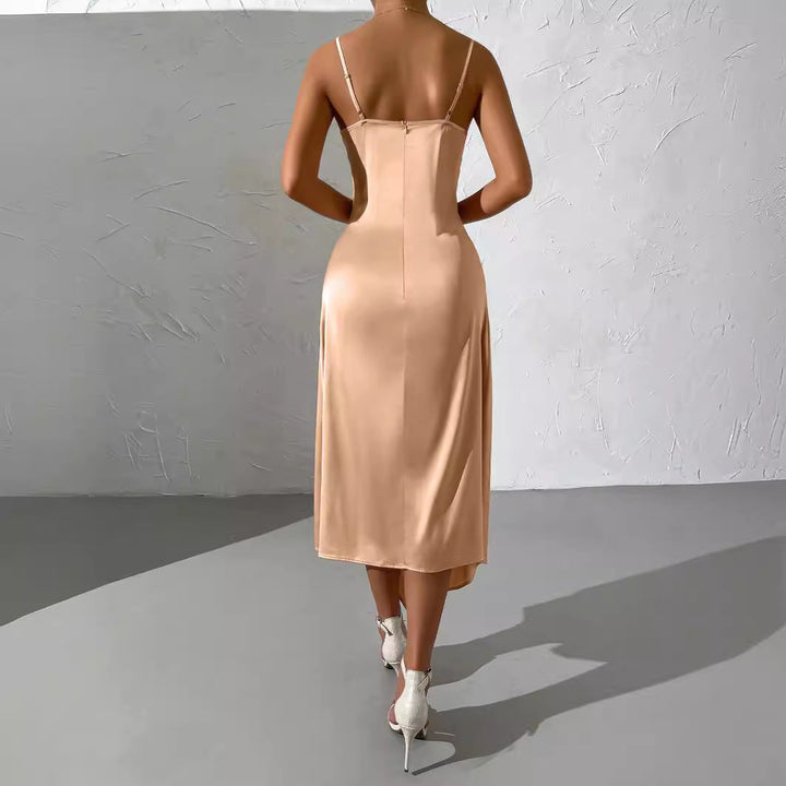 Camille satin slip dress back view showing sleek silhouette