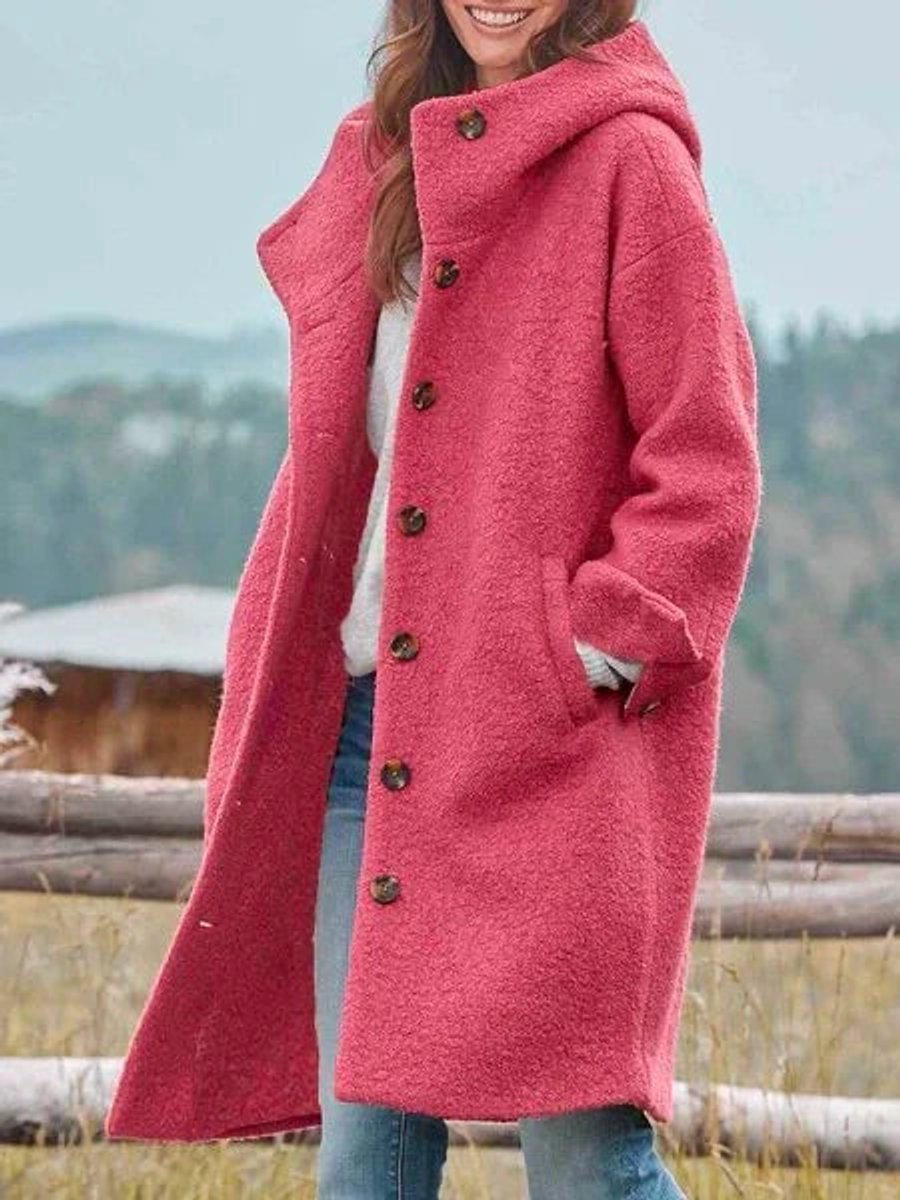 Camille hooded button-front fleece coat in pink, side view with hands in pockets