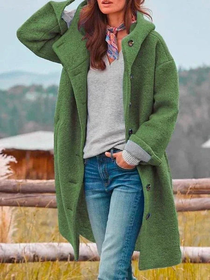 Camille hooded button-front fleece coat in green, front view outdoors