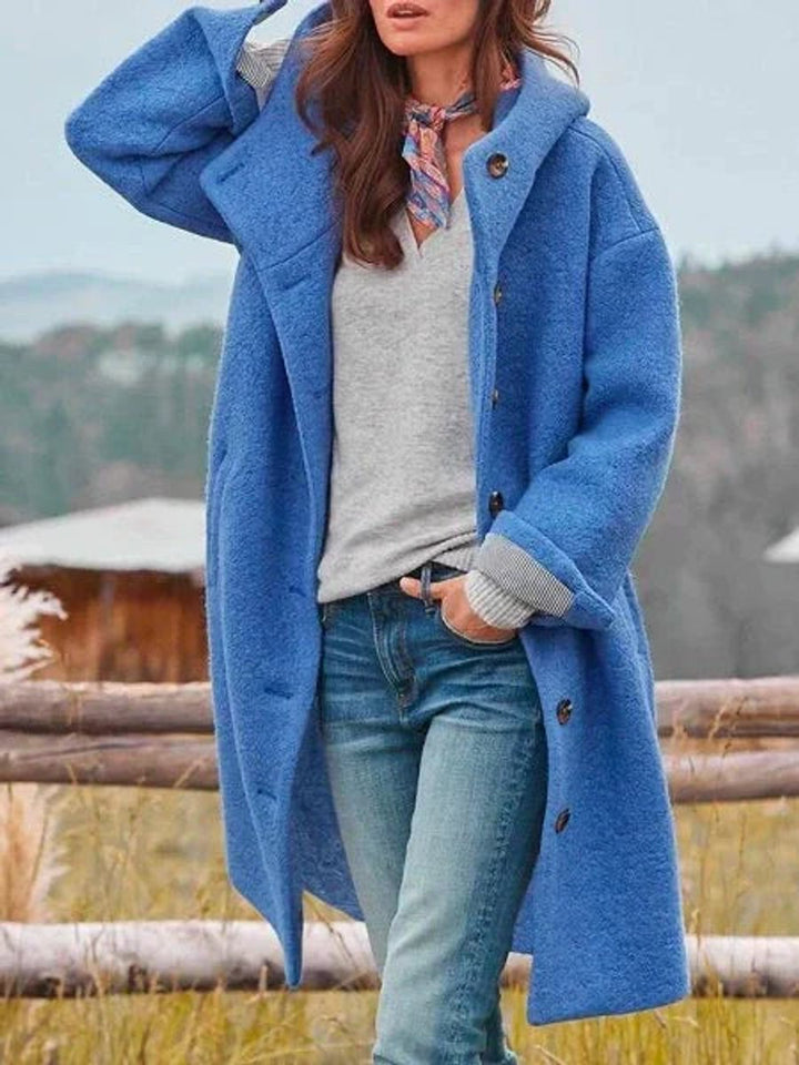 Camille hooded button-front fleece coat in blue, close-up front detail