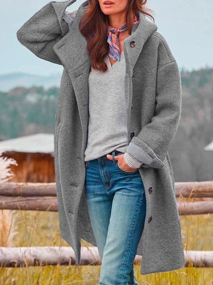 Camille hooded button-front fleece coat in gray, close-up front detail