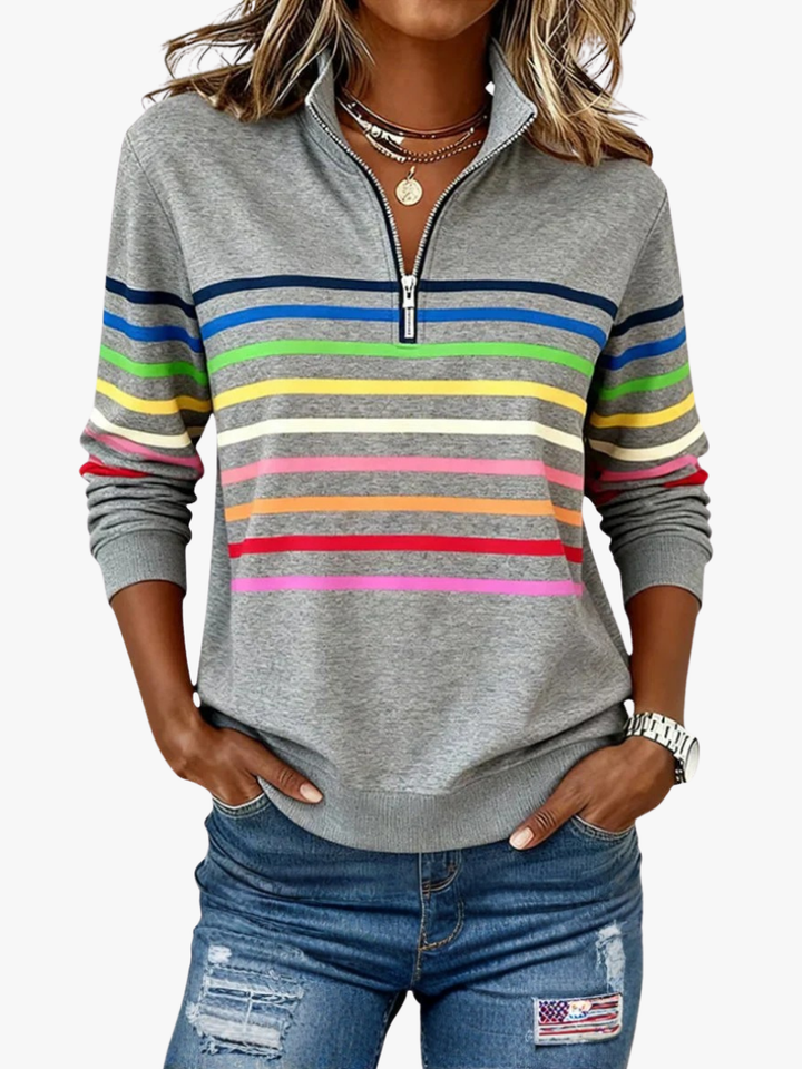 Camille striped quarter zip sweater in gray, front view