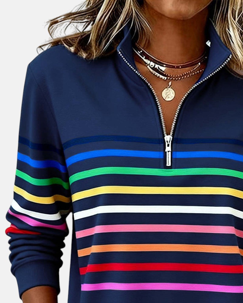 Camille striped quarter zip sweater in navy blue, collar detail