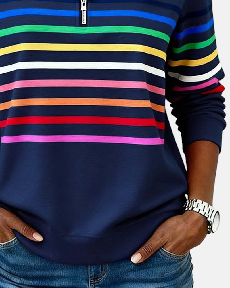 Camille striped quarter zip sweater in navy blue, sleeve detail