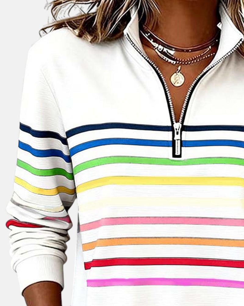 Camille striped quarter zip sweater in white, collar detail