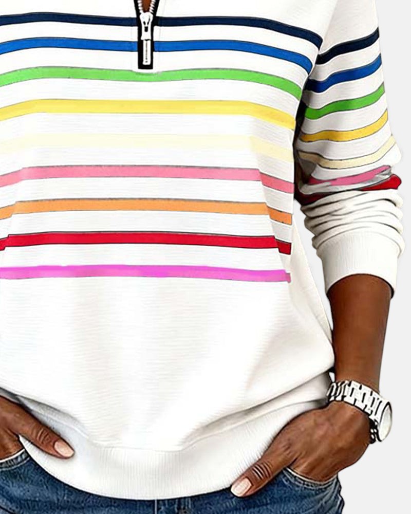 Camille striped quarter zip sweater in white, sleeve detail