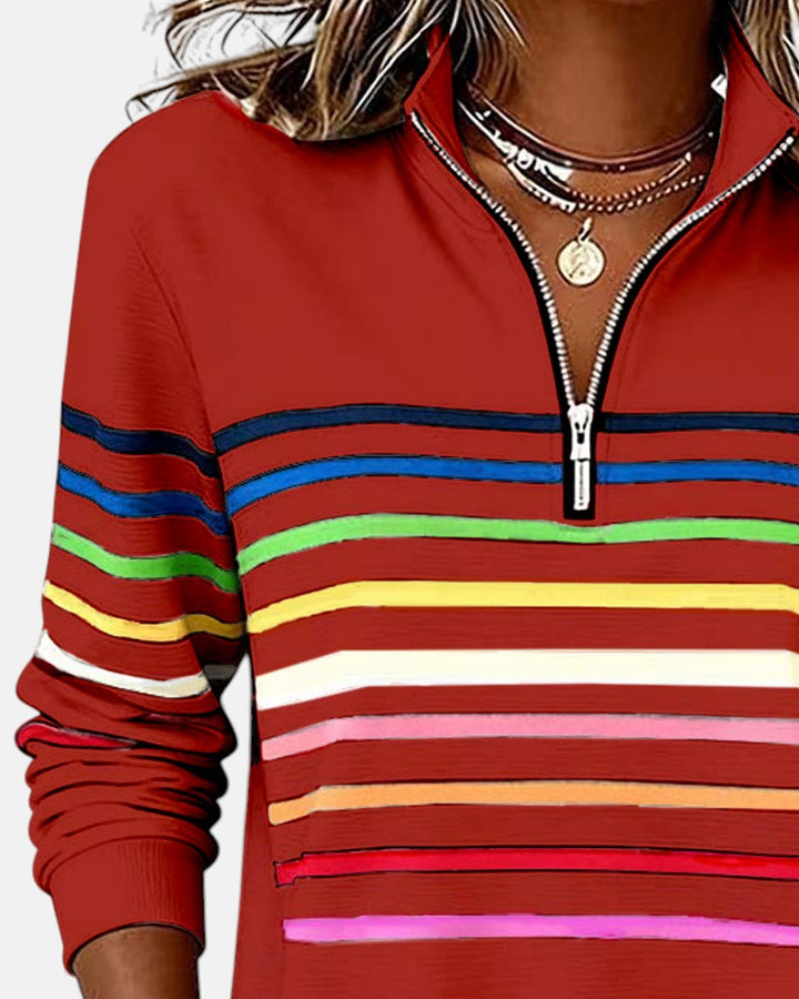 Camille striped quarter zip sweater in red, collar detail
